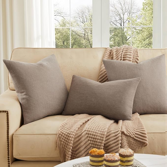 Rustic Linen Throw Pillow Covers Set of 2, Cocoa Brown 20x20in | Textured Pillow Case, Rustic Cotton Linen Fabric, Modern Farmhouse Cushion Covers for Sofa Bed Living Room Home Decor