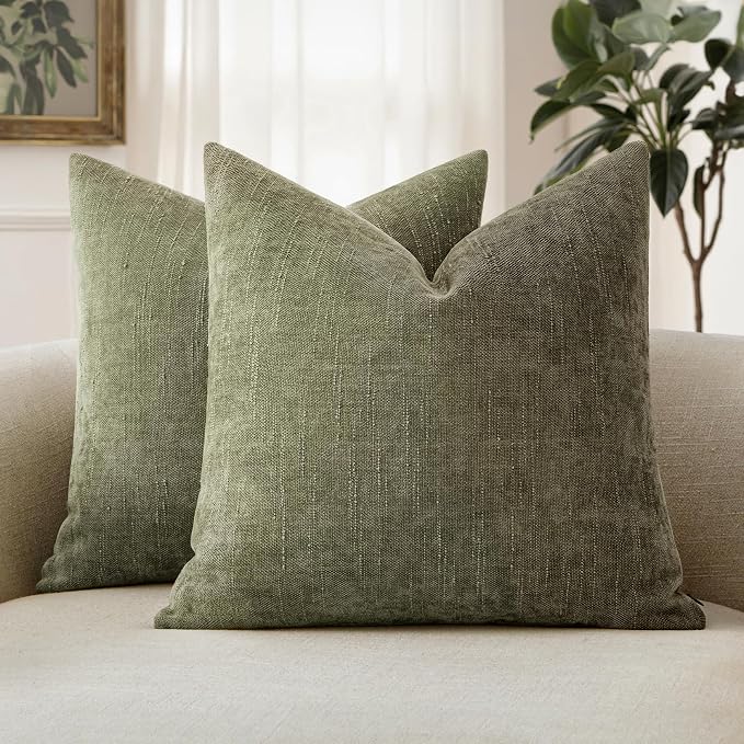 MIULEE Textured Chenille Throw Pillow Covers 18x18 Inch Olive Green | Pack of 2 Decorative Soft Throw Pillows, Solid Textured Cushion Covers, Modern Home Decor for Couch Sofa Bedroom Living Room