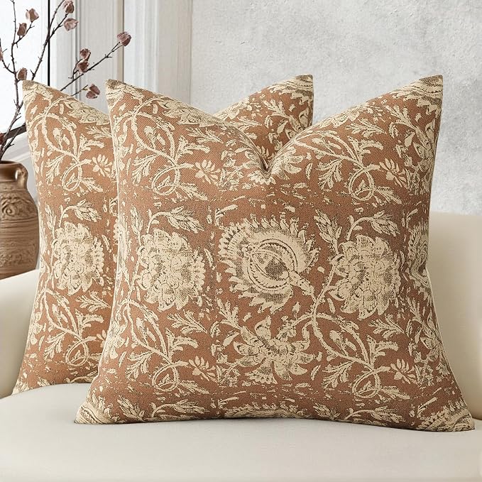Vintage Floral Print Throw Pillow Covers 20x20 Set of 2 Neutral Modern Farmhouse Pillowcases Accent Decorative Cushion Covers Boho Home Decor for Couch Sofa Chair Bed Living Room, Cognac