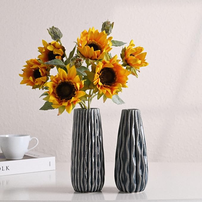VICTOR & TERESA Ceramic Vase for Flowers, 8'' Set of 2 Decorative Vintage Blue Vases for Home Decor, Farmhouse Vases for Pampas Grass, Table, Mantel, Living Room, Shelf, Centerpieces, Gifts for Mom