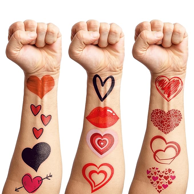 96PCS Red Heart Pre Cut Temporary Tattoos Themed Birthday Party Decorations Supplies Favors Decor Valentine Love Tattoo Stickers Gifts For Game Boys Girls Classroom School Prizes Couple Anniversary