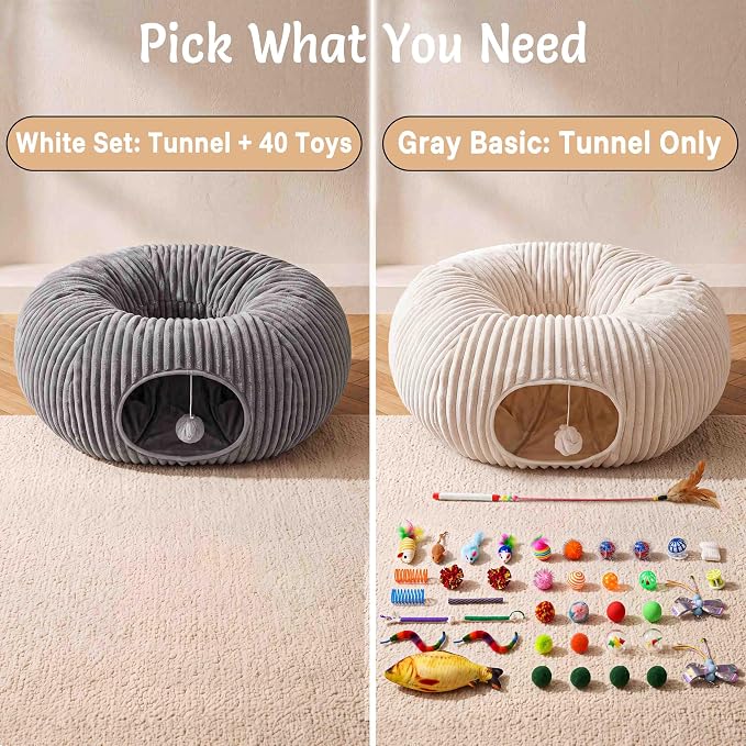 Cat Tunnel Bed for Indoor Cats, Peekaboo Cat Cave Bed, Grey | Soft Cat Donut Tunnel for Kitten Large Cats, Cat Gifts