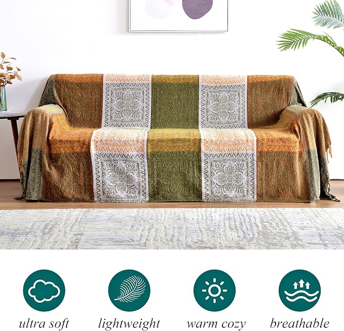 Boho Throw Blanket, Bohemian Tassels Throw Blankets for Bed Couch Soft Chair， Chenille Fringe Tassels (New Green, Large 86 * 102Inches)