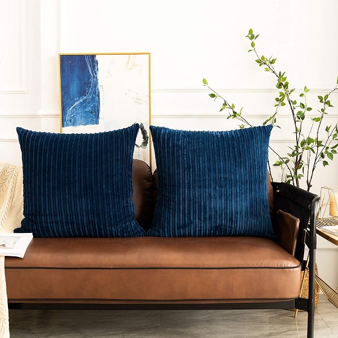 UGASA Striped Textured Velvet Corduroy Decorative Europe Sham Throw Pillow Cushion Cover for Couch, 2 Packs, (61x61 cm, 24inch), Navy Blue