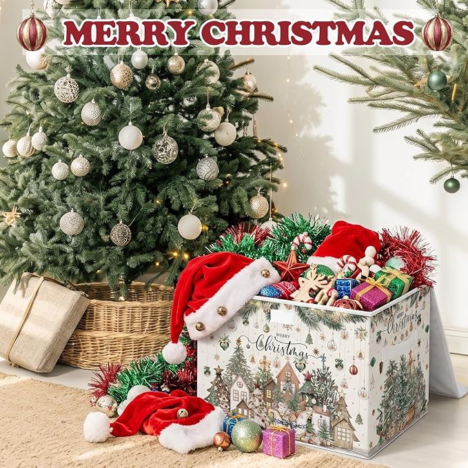 Briwooody Neutral Christmas Storage Bin with Lid and Carrying Handle Christmas Tree Foldable Storage Box Large Xmas Decorative Collapsible Container Basket for Organizing Closet Home Bedroom Gift