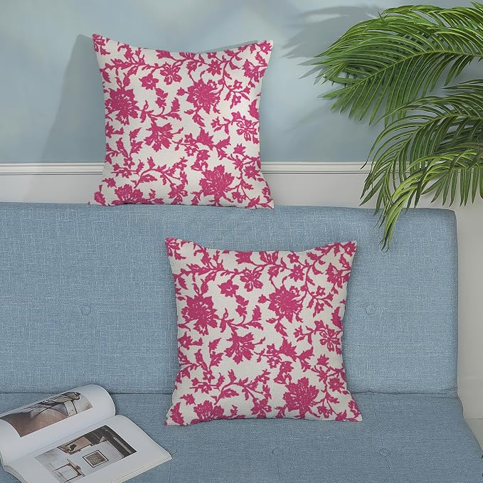 Floral Pillow Covers 18x18 Inch Set of 2 Block Print Hot Pink Flower Throw Pillow Covers Outdoor Decor Boho Vintage Flower Decoration Pillowcase Farmhouse Decorative Cushion Cover For Sofa Couch