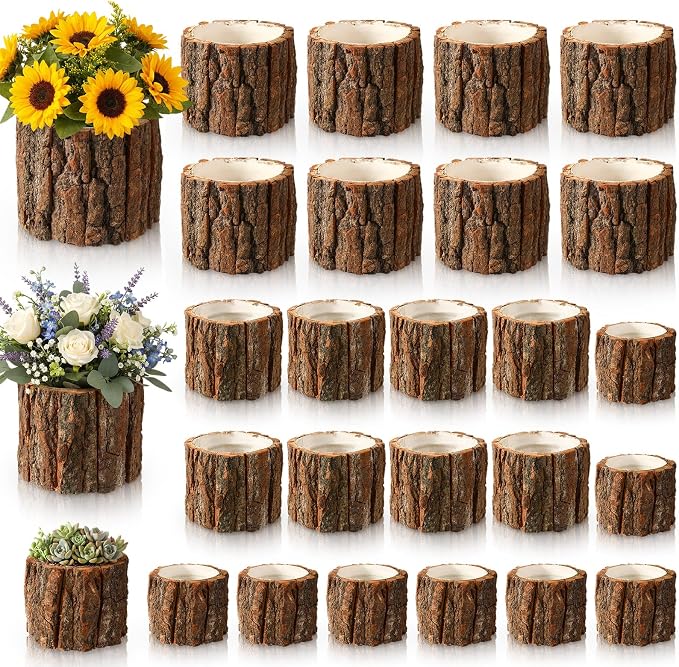 24 Pcs Wooden Vase for Centerpieces Wedding Flower Table Centerpieces Woodland Party Decor Rustic Farmhouse Bark Stump Buckets Vintage Planter Pots for Garden Baby Shower Window Home (L+m+s)