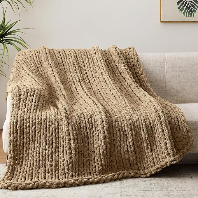 Negwoo Chunky Knit Throw Blanket, Knitted Throw Chenille Yarn, 60"*80" | Soft Thick Cable Knitted Blankets, Handmade Big Thick Blanket, Machine Washable Cute Comfy Blanket for Home Decor,Light brown