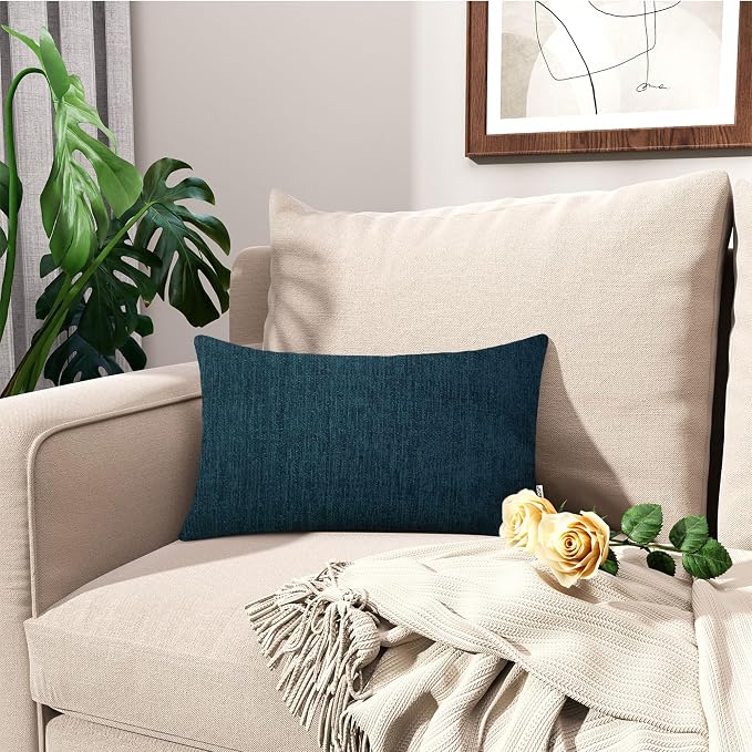 BRAWARM Throw Pillow Covers 12x20 Inches - Deep Lagoon Chenille Lumbar Pillow Covers Pack of 2, Solid Dyed Soft Chenille Pillow Cases for Couch Sofa Bed Home Decoration