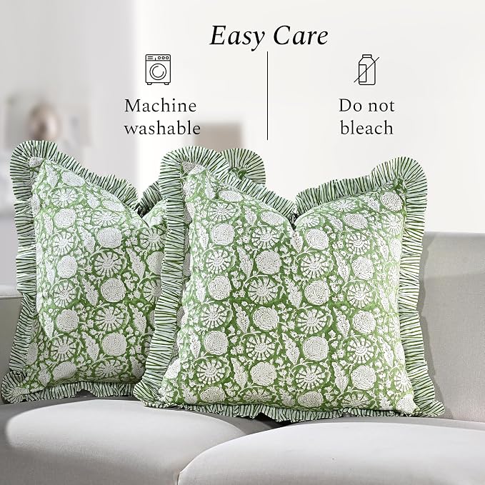 CPC Olive Bloom Hand Block Print 100% Cotton Ruffle Throw Pillow Cover 24x24 inch with Hidden Zipper Decorative for Couch, Bed, Sofa, Farmhouse, Cottagecore Decor Gift Christmas Fall Thanksgiving