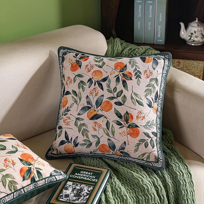 patdrea Vintage Linen Throw Pillow Cover,18"x18",Set of 2-Palladin A | Elegant Decorative Pillow Case,Orange Citrus Fruit Print,Pillow Cover for Couch Living Room Bedroom Sofa