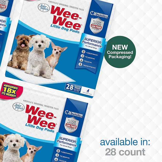 Four Paws Wee-Wee Superior Performance Little Dog Pee Pads, 28 Count | Quilted leak-proof puppy pads, dog housebreaking & potty training, 24-hour floor protection, for small dogs, 16.5" x 23.5"