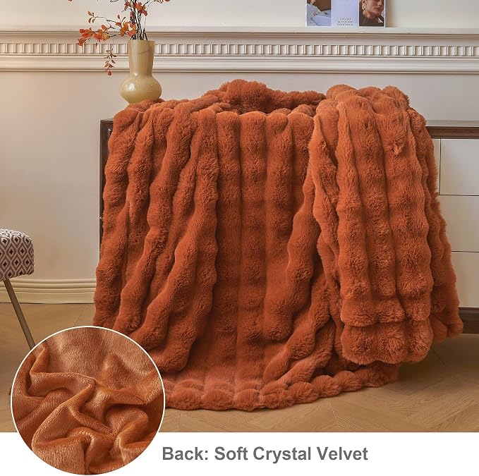 LIFEREVO Luxury Fluffy Faux Rabbit Fur Throw Blanket 50x60, Burnt Orange | Plush Bubble Blanket for Bedroom Living Room Office, Decorative Soft Furry Lap Throw for Kids Girls Teens Adults, Washable