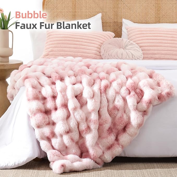 Faux Fur Throw for Couch - Tie-dye Pink Bubble Blanket 50"x60" | Fluffy Plush Fuzzy Throw for Sofa & Bed, Super Soft Cozy Comfrt Blanket, Luxury Aesthetic Pink Decor Gift for Women