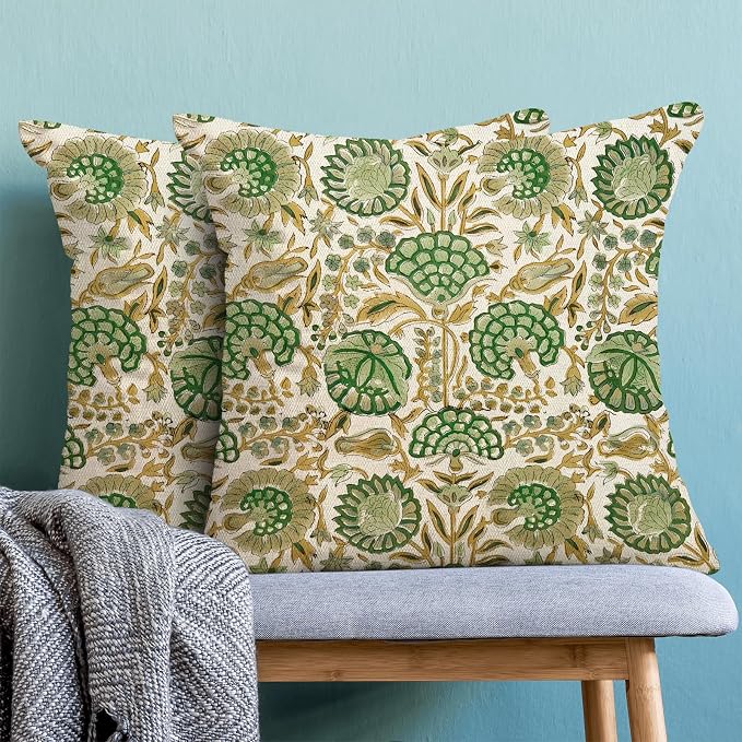 Block Print Pillow Covers 18x18 Inch Pack of 2 Boho Sage Green Yellow Floral Decor Throw Pillow Covers Spring Summer Flower Pillowcase Outdoor Farmhouse Decorative Cushion Cover for Home Sofa