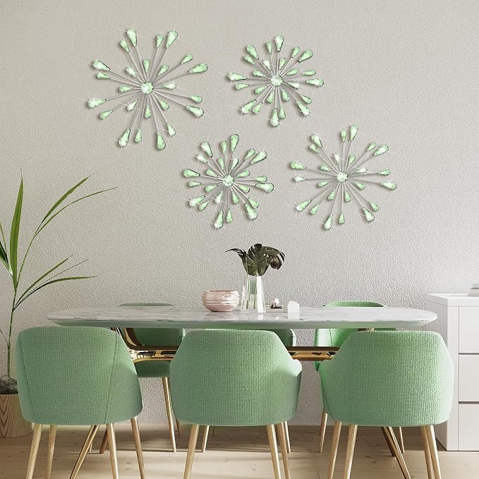 Hicarer 4 Pcs Starburst Wall Decor Bling Wall Art Crystal Teardrop 3D Hanging Rhinestone Radial Metal Artwork Modern Accent Sculptures Decorations for Living Room Home Office Bedroom(Green)