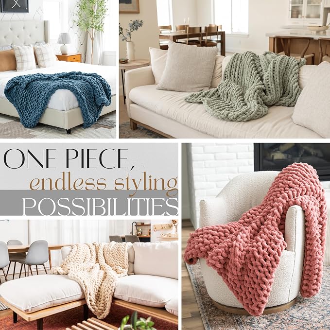 SAMIAH LUXE Chunky Knit Throw Blanket 50x60, Sage Green Chenille Throw Blanket for Couch Bed Sofa, Soft Fluffy Cable Knit Blanket, Oeko-TEX Certified, Machine Washable