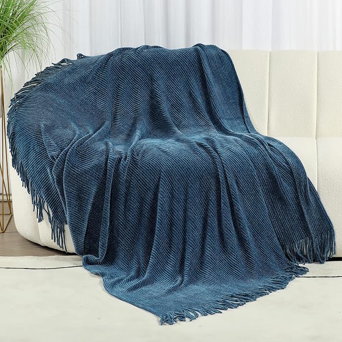 Blagic Chenille Throw Blanket for Couch and Bed,Dark Blue,50"x60" | Soft Farmhouse Boho Throw Blanket with Tassels,Decorative for Living Room,Stripe Textured Throws for Bed/Chair/Sofa
