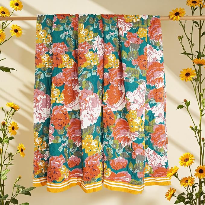 VANJOROY Boho Throw Blanket, 100% Organic Cotton Breathable Ultra Soft 60" x 80" Bed Quilt Throw - All Season Floral Rustic Farmhouse Decor Luxury Reversible Blanket for Sofa Couch Chair and Gift