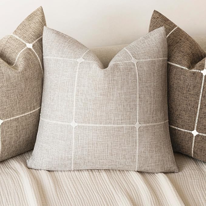 Foindtower Pack of 2 Decorative Faux Linen Jacquard Check Throw Pillow Covers Farmhouse Cushion Cover with Grid Textured Accent Pillowcase for Couch Sofa Bed Living Room Home Decor,18×18 Inch,Beige