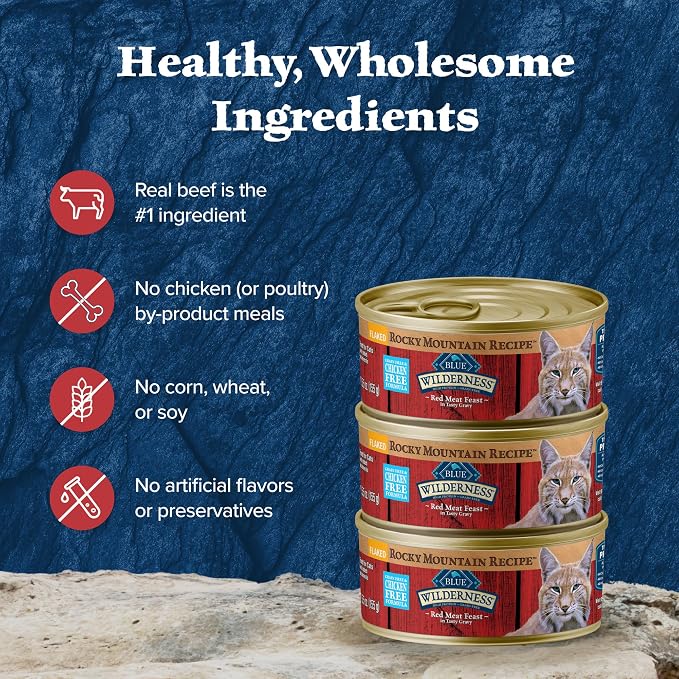 Blue Buffalo Wilderness Rocky Mountain Recipe Wet Cat Food Flakes (24 Pack) | High Protein, Red Meat Feast, Real Beef #1 Ingredient, Chicken-Free & Grain-Free Formula, 5.5-oz. Cans
