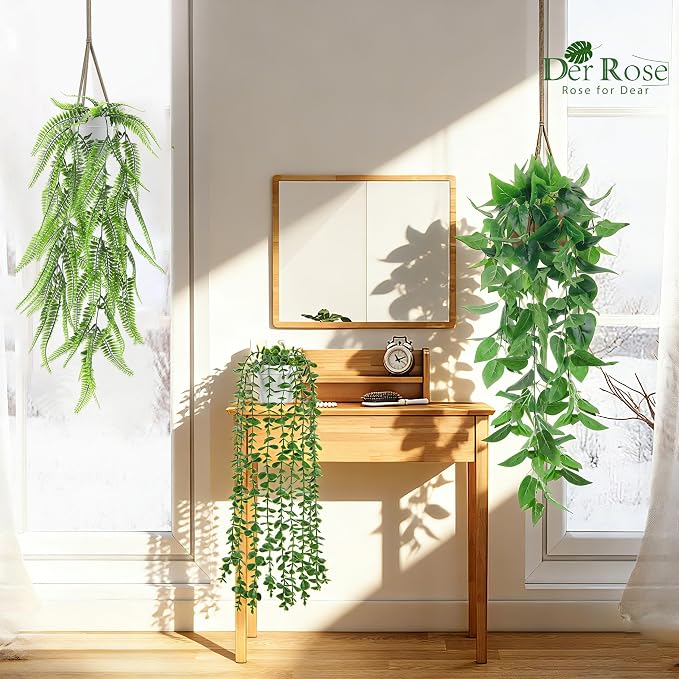 Der Rose 4Pcs Fake Hanging Plants with White Pots for Bright Shelf Decor | Faux Plants Indoor with mixed cascading styles add clean contrast and depth to mondern bathroom, kitchen, bedroom, wall decor