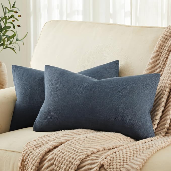Rustic Linen Lumbar Pillow Covers Set of 2, Navy 12x20in | Textured Pillow Case, Rustic Cotton Linen Fabric, Modern Farmhouse Cushion Covers for Sofa Bed Living Room Home Decor