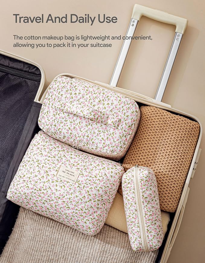HBselect Quilted Makeup Bag, 3PCS Cotton Large Travel Makeup Bag, Cute Floral Coquette Make up Bag Cosmetic Bag Toiletry Bag for Women Girls