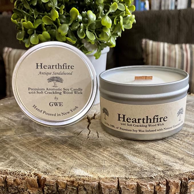 Hearthfire in Tin Can by GWE - Smoky Sandalwood Scented Soy Candle w/Wood Wick - Dark Sweet Creamy Aromatherapy - Infused w/Natural Oils, Made in The USA - Gift for Men & Women