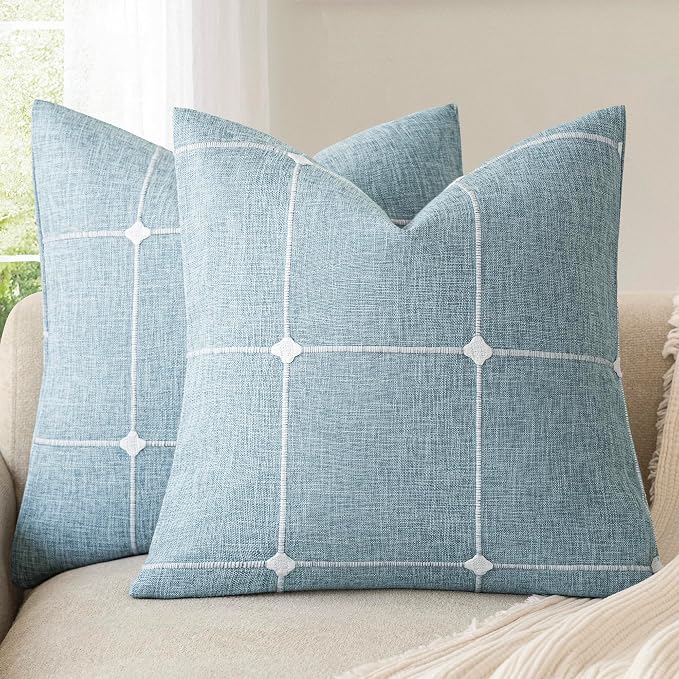 Foindtower Pack of 2 Decorative Faux Linen Jacquard Check Throw Pillow Covers Farmhouse Cushion Cover with Grid Textured Accent Pillowcase for Couch Sofa Living Room Home Decor,16×16 Inch,Light Blue