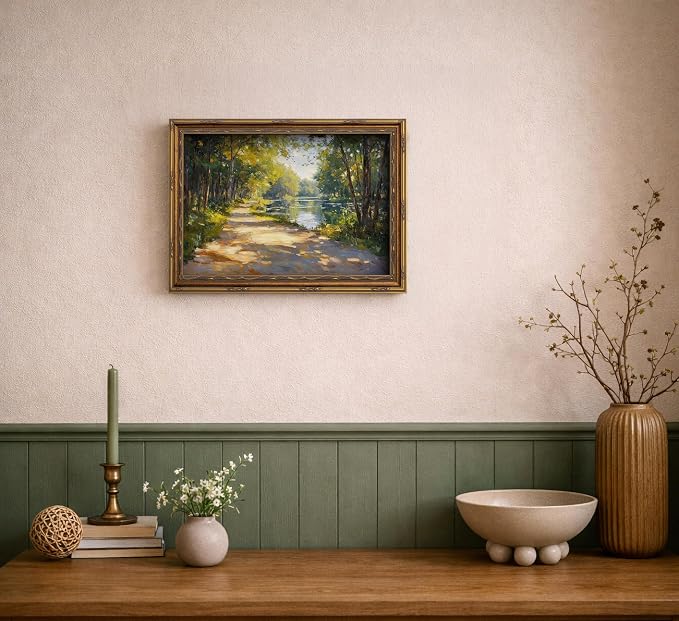 Vintage Gold Framed Canvas Wall Art Sunshine Forest Impressionist Landscape Painting Picture Wall Decor Spring Summer Green River Nature Scenery Poster Print Artwork for Living Room Bedroom