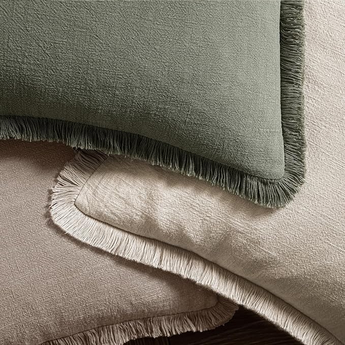 MIULEE Boho Linen Fringe Decorative Fall Throw Pillow Covers Dune 18x18 | Set of 2, Cottagecore Decor, Boho Farmhouse Neutral Pillow Covers, Rustic Fall Couch Cushion Cases for Sofa Bed Living Room