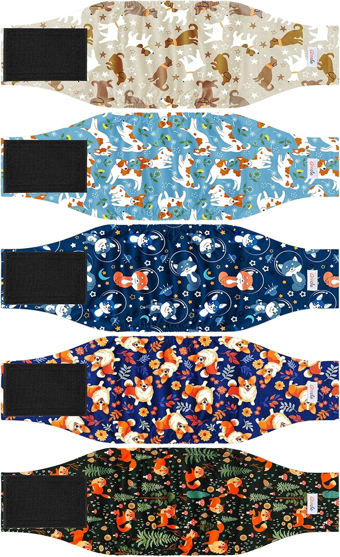 5 Pack Dog Diapers Male Reusable, Premium Belly Bands for Male Dogs, High Absorbing Dog Pee Wraps for Doggie in Incontinence or Excitable Urination and Training Flower L