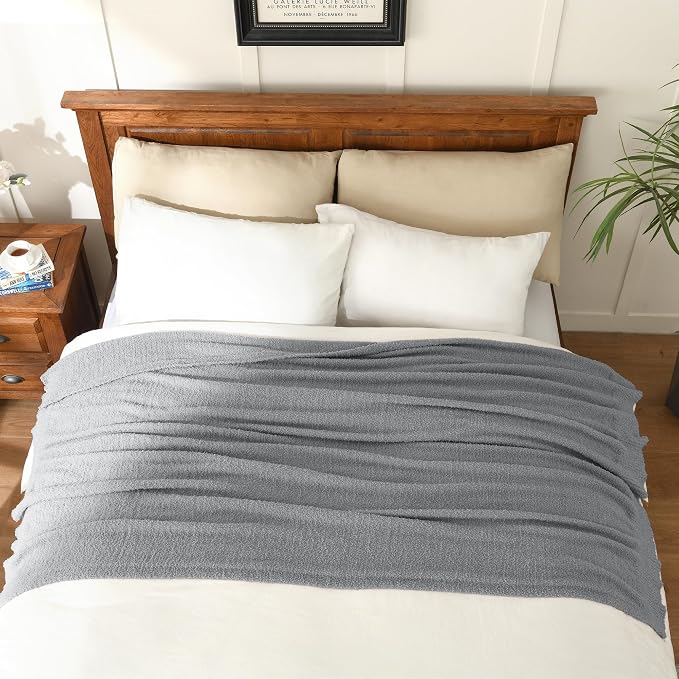 Grey Throw Blanket for Bed, Super Soft Knit Blankets, Cozy Fleece Fuzzy Fluffy Plush Chenille Throws Blanket for Couch, Sofa, Light Gray, 60 x 80 inches