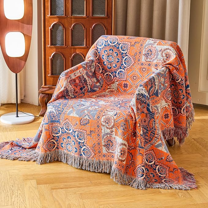 VANJOROY Boho Throw Blanket for Bed Couch 91" x 98", 100% Organic Cotton Skin-Friendly Ultra Soft Quilt Throw - Floral Rustic Living Room Decor Luxury Reversible Blanket for Sofa Chair and Gift