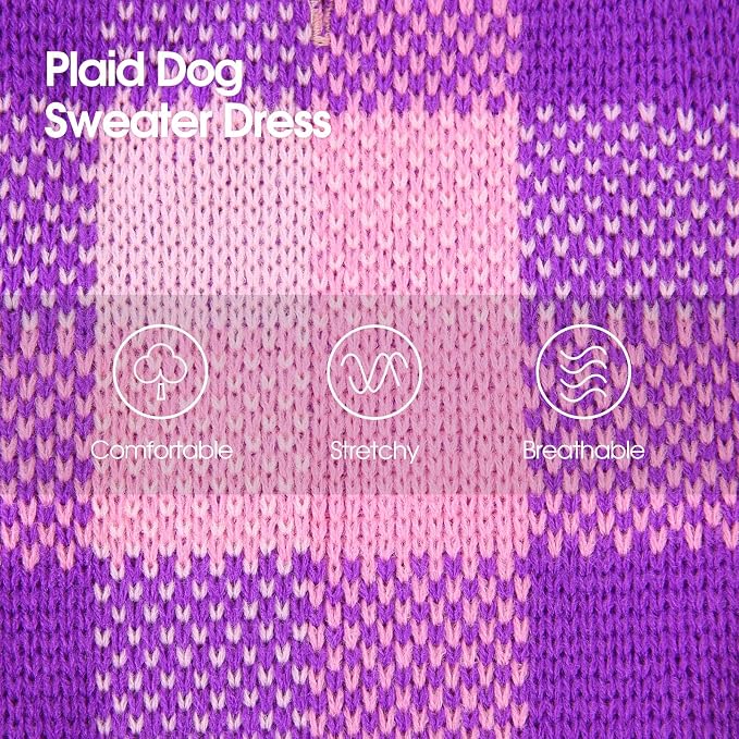 Dog Sweater Dress Plaid Knitwear for Small Medium Dogs Warm Puppy Pet Turtleneck Stretch Pullover Cute Fall Winter Vest Clothes with Leash Hole for Christmas (Purple, M)