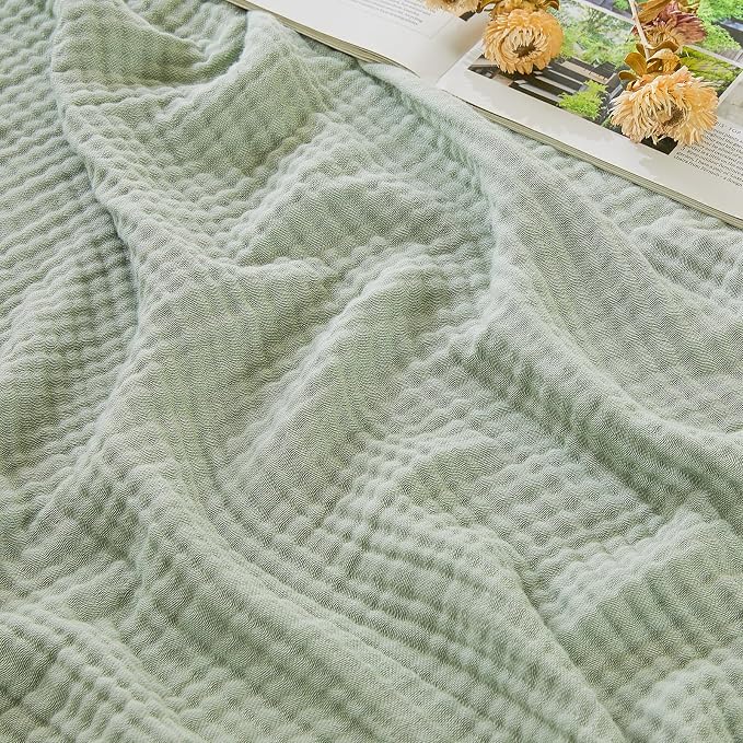 EMME Cotton Muslin Large Throw Blanket Couch Breathable Gauze Soft Lightweight Bed Blankets Adults (Heather Sage Green, 50"x70")