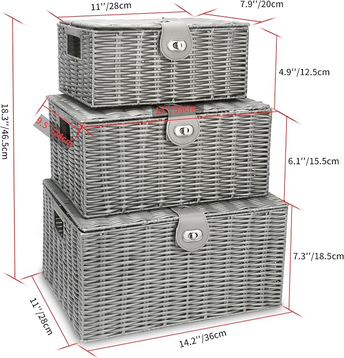 Honygebia Grey Wicker Storage Baskets - Set of 3 Decorative Nesting Boxes with Lids, Woven Basket with Lock & Handle, Organizer for Beauty Makeup Bathroom Decor