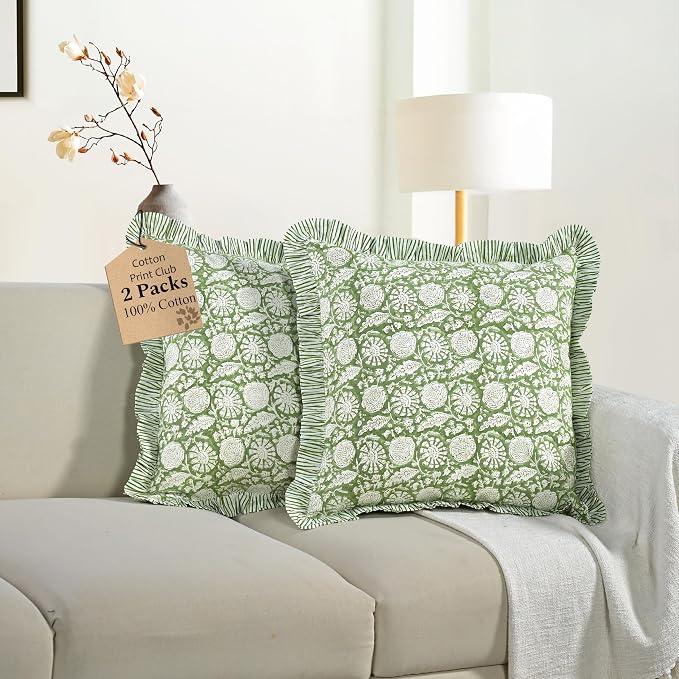 CPC Olive Bloom Hand Block Print 100% Cotton Ruffle Throw Pillow Cover 18x18 inch with Hidden Zipper Decorative for Couch, Bed, Sofa, Farmhouse, Cottagecore Decor Gift Christmas Fall Thanksgiving