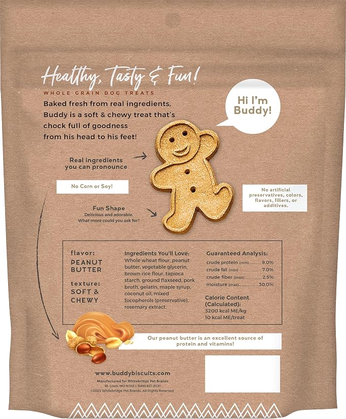 TIKI PETS Buddy Biscuits Softies 8 oz Pouch, Soft & Chewy, Natural Peanut Butter Flavor Dog Treats, Oven Baked in The USA (Pack of 3)