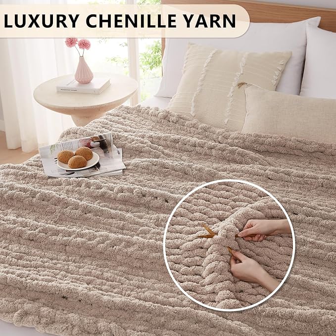 L'AGRATY Chunky Knit Throw Blanket for Couch, 50 x 60 Inches, Light Taupe | Handmade Chenille Crochet Blanket for Sofa Bed, Thick Cable Knitted Blankets for Room Home Decor, Birthday Gift for Women Mom
