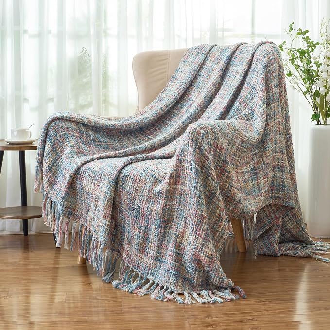 Multi-Color Cable Woven Throw Blanket for Couch - 60"X80" | Multicolored Boho Style,Super Soft Warm Cozy Chunky Blankets with Decorative Tassels for Bed and Sofa,Pink Blue