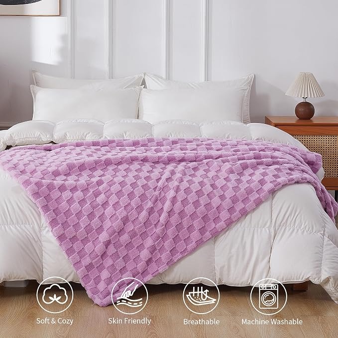 Luxury 3D Checkered Throw Blanket Reversible Thick Warm Blankets for Couch | Soft Velvet Flannel Fuzzy Plush Gift for Women