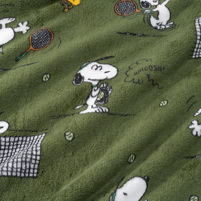Berkshire Blanket Peanuts® VelvetLoft® Cute Character Snoopy Plush Oversized Throw Blanket, Peanuts Snoopy the Tennis Star Olive Green (50in x 60in)