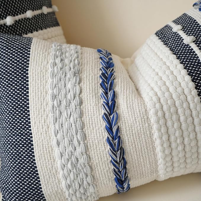 Decorative Lumbar Throw Pillow Cover 14x24 Boho Dark Blue Accent Cushion for Couch Sofa Farmhouse Pillowcase for Bedroom Living Room Home Décor Cover ONLY