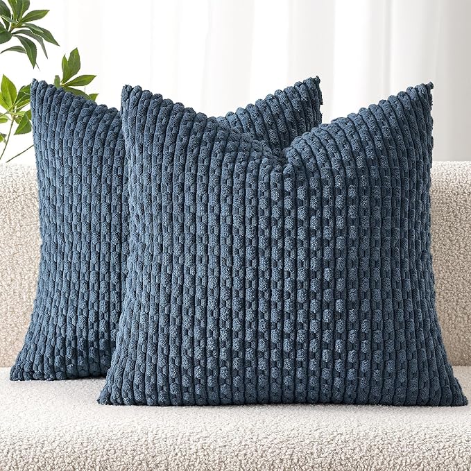 MIULEE Decorative Throw Pillow Covers 16x16 Blue Textured Corduroy | Pack of 2 Striped Pillow Covers Modern Farmhouse Coastal Home Decor for Couch Bed Sofa Living Room