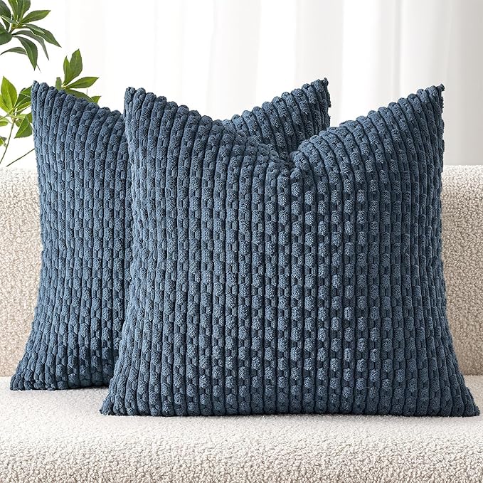 MIULEE Euro Sham Decorative Throw Pillow Covers 24x24 Blue Corduroy | Textured Striped Pack of 2 Striped Pillow Covers Modern Farmhouse Coastal Home Decor for Couch Bed Sofa Living Room