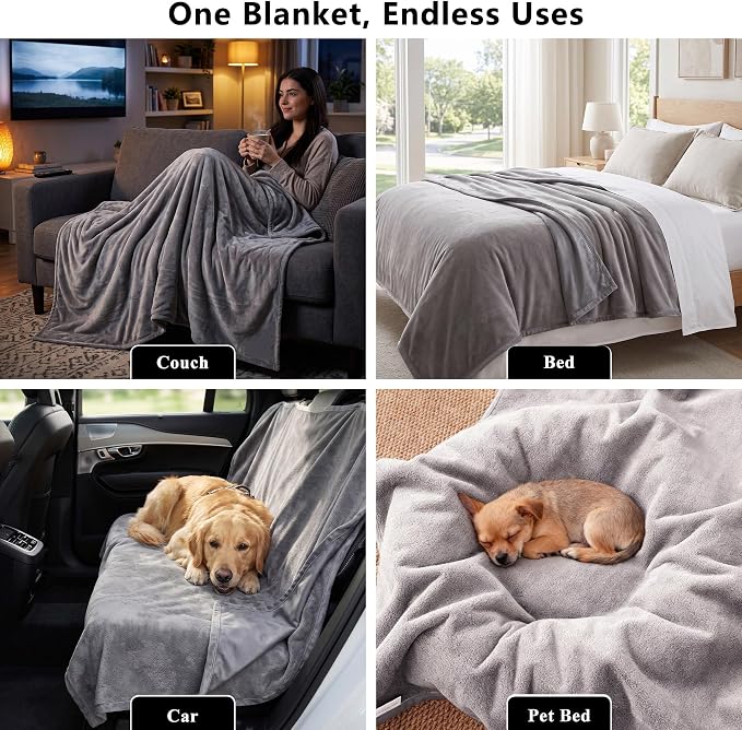 Waterproof Blanket - Reversible Dog Throw as Furniture Protector | Soft Velvet & Flannel, TPU Leak-Proof Liner, Machine Washable, Fits Couch and Bed, 82" x 120", Lightgrey/Darkgrey