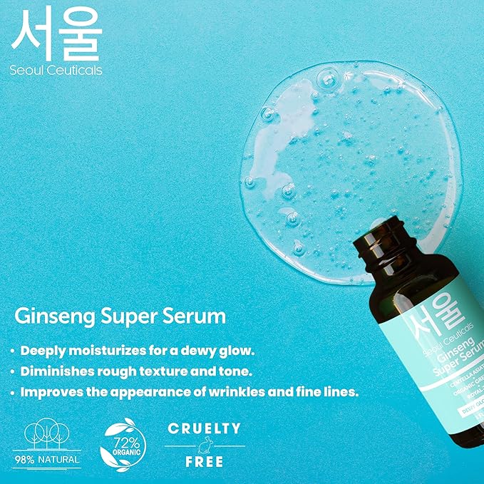 SeoulCeuticals Korean Skin Care Ginseng Serum - K Beauty Skincare with Green Tea + Centella + Royal Jelly - Cruelty Free & Organic for Dewy Glow 1oz (Pack of 2)