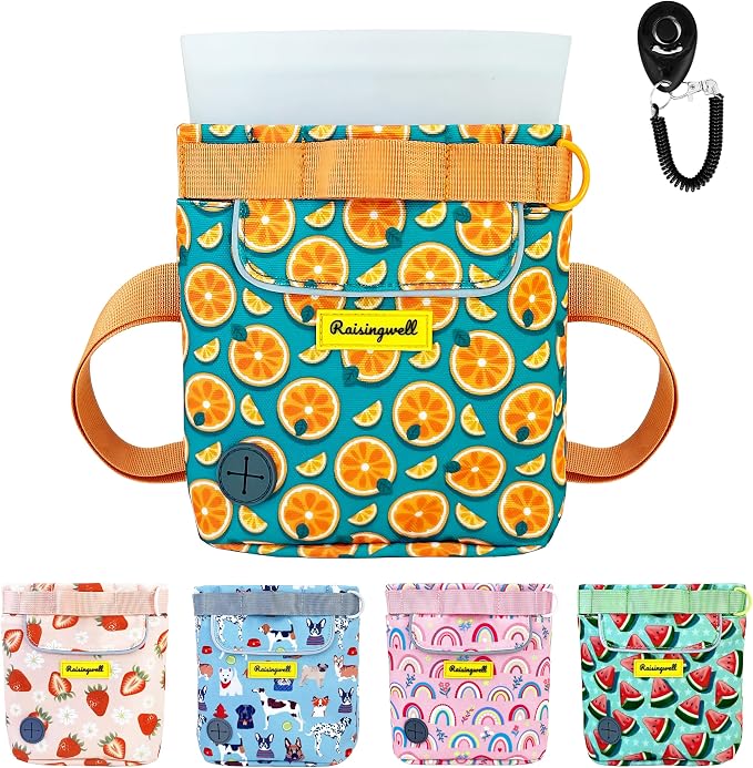 Raisingwell Dog Treat Pouch for Pet Walking and Training with Clicker 2 Cup Silicone Bag Small Fanny Pack Holder for Puppy Snack Dispenser Kit for Leash and Outdoor Use (Fruit Orange)